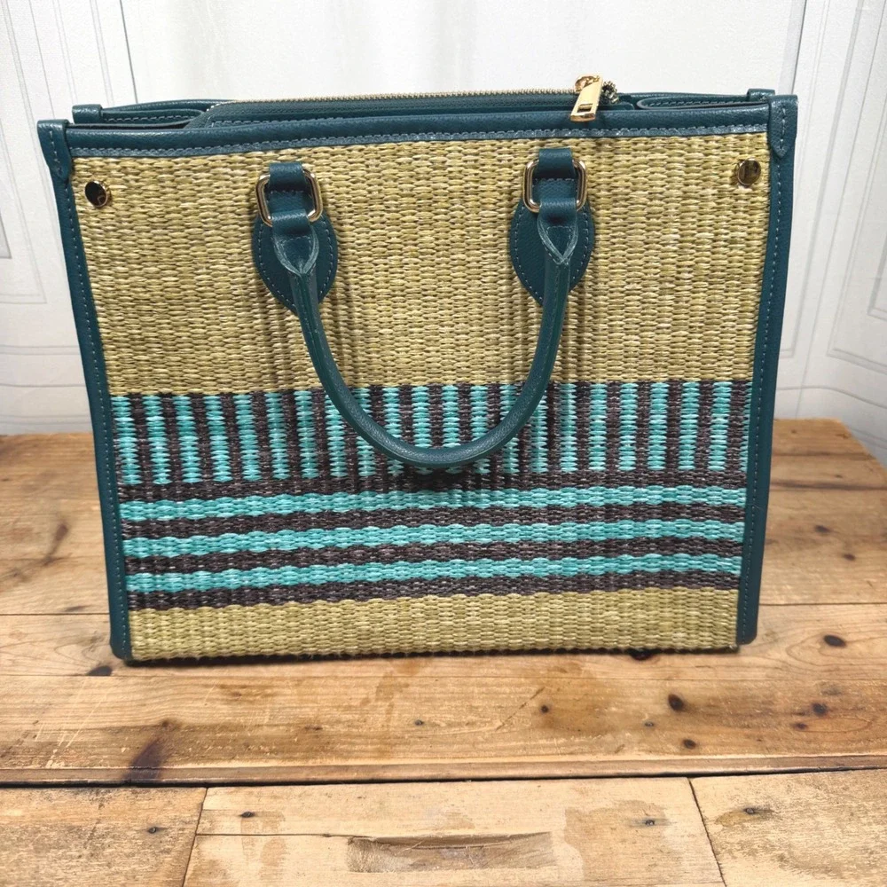 Chiara Ferretti Italian Leather Woven Raffia Striped Satchel Crossbody Tote Bag